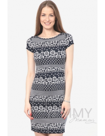 Платье для кормящих и беременных темно-синее с цветочным принтом