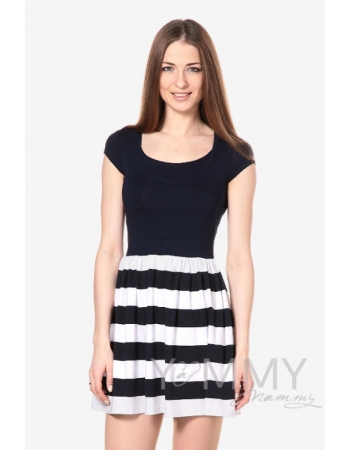 Платье с юбкой на сборке темно-синее в полоску для беременных