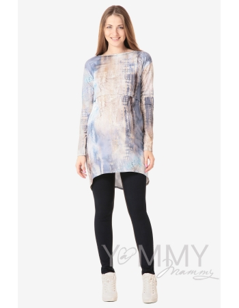 Платье-туника для кормящих и беременных с длинным рукавом, белый/голубой рисунок