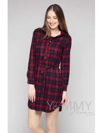 Платье-рубашка для кормящих и беременных, в красно-синюю клетку