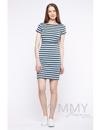 Платье для кормящих и беременных, голубое в серую полоску