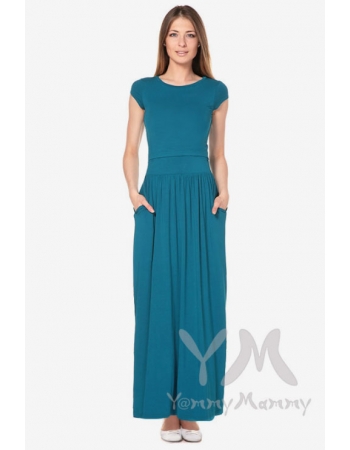 Платье длинное для кормящих и беременных с карманами, изумруд