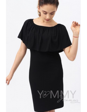 Платье "майка" для беременных и кормящих с воланом на плечах, черное