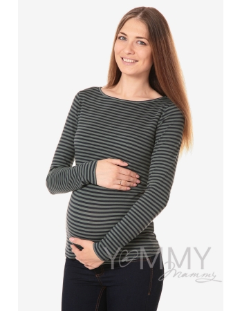 Лонгслив для беременных и кормящих, зеленый в синюю полоску
