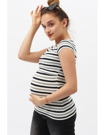 Футболка для кормящих и беременных, белая в серую полоску меланж
