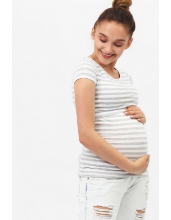 Футболка для беременных и кормящих, белая в серую полоску меланж