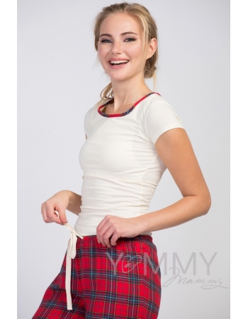 Футболка с отделкой в красную клетку для кормящих и беременных, экрю