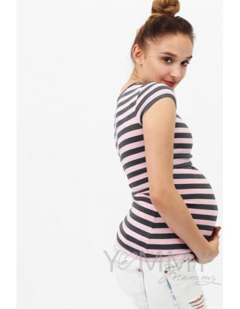 Футболка для беременных и кормящих, розовая в серую полоску