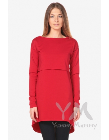 Платье-туника для кормящих и беременных с длинным рукавом, красное