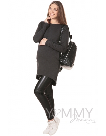 Платье-туника для кормящих и беременных с длинным рукавом, темно-серое