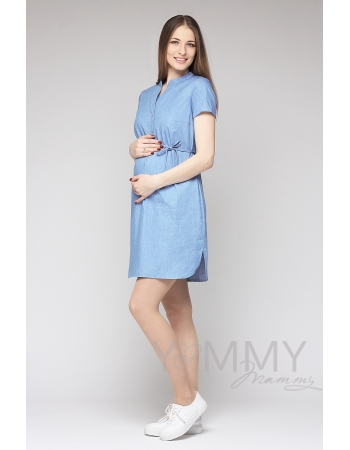 Платье-рубашка для беременных и кормящих, джинсовое в белый горошек