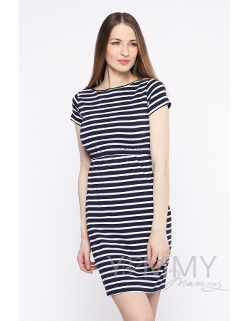 Платье для беременных и кормящих, белое в темно-синюю полоску