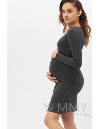 Платье-футляр для кормящих и беременных с горловиной "лодочка", темно-серый меланж