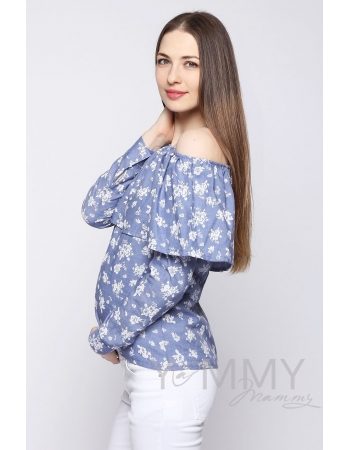 Блуза для беременных и кормящих с воланом, голубая с цветочным принтом