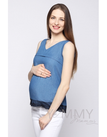 Блуза для кормящих и беременных из денима, с черным кружевом