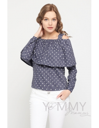 Блуза с воланом для кормящих и беременных, синяя в горох