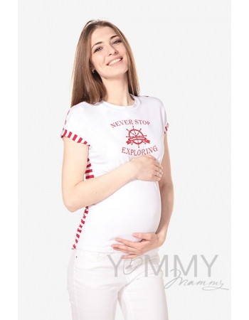 Футболка с принтом для беременных и кормящих, белая/красная полоска