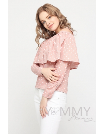 Блуза для беременных и кормящих с воланом, розовая в горох