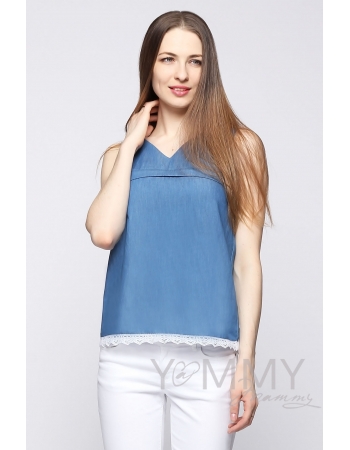 Блуза из денима для кормящих и беременных, с белым кружевом