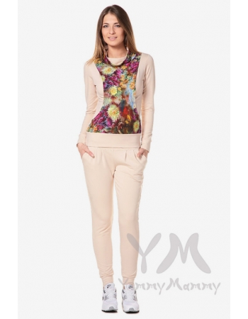 Брюки для беременных универсальные спортивные, светло-бежевые