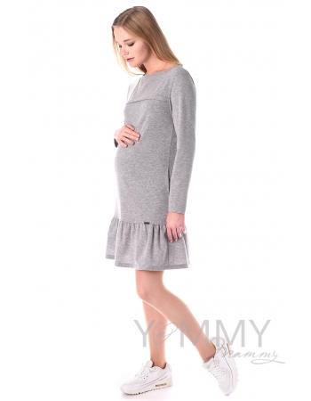 Платье для беременных и кормящих с воланом, серый меланж