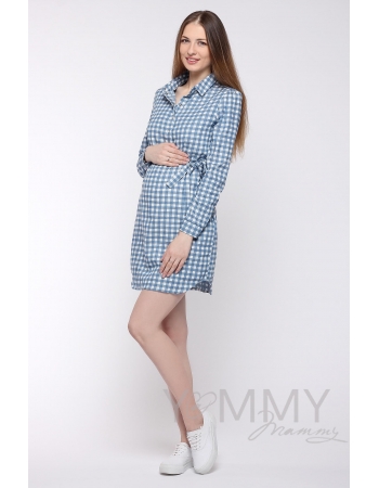 Платье-рубашка для кормящих и беременных, джинсовое в белую клетку