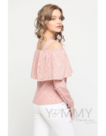 Блуза для беременных и кормящих с воланом, розовая в горох