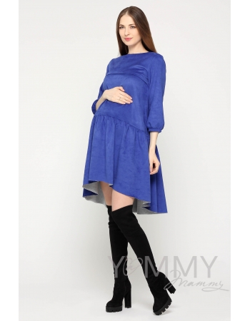 Замшевое платье для беременных и кормящих с воланом, ультрамарин