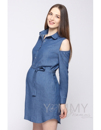 Платье-рубашка для беременных и кормящих, джинсовое с открытыми плечами