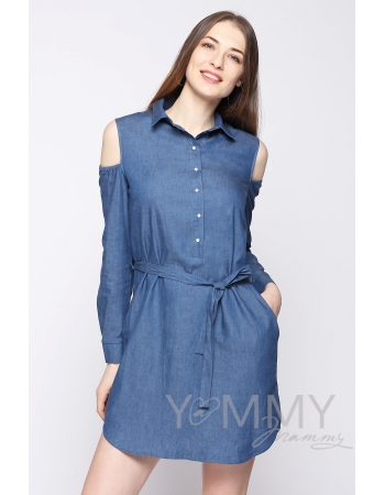 Платье-рубашка для беременных и кормящих, джинсовое с открытыми плечами