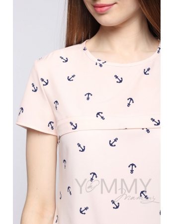 Блуза для беременных и кормящих с воланом, персиковая с принтом "якоря"