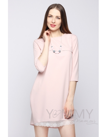Платье для кормящих и беременных с кружевом, жемчужно-розовое