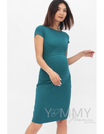 Платье для беременных и кормящих из модала с коротким рукавом, изумрудное