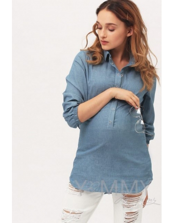 Рубашка для кормящих и беременных джинсовая, голубая в горошек
