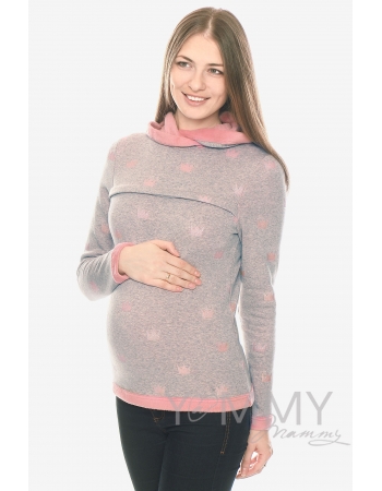 Толстовка для кормящих и беременных с капюшоном на меху, серый меланж с розовыми коронами