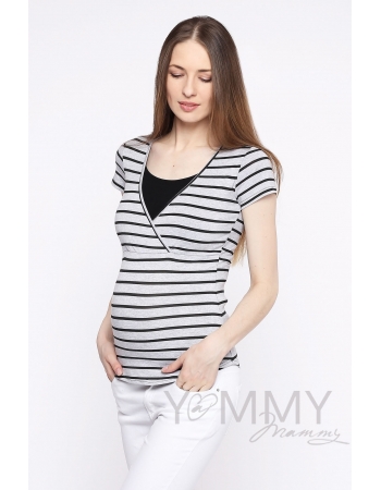 Футболка для кормящих и беременных, серый меланж в черную полоску
