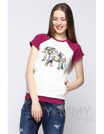 Футболка для кормящих и беременных, экрю/сливовая с принтом