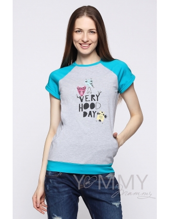 Футболка для беременных и кормящих, серый меланж/бирюза с принтом