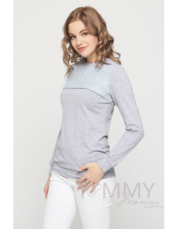 Свитшот для беременных и кормящих с секретом на молнии, серый меланж с кружевной вставкой