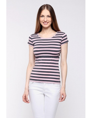 Футболка для беременных и кормящих, розовая в серую полоску