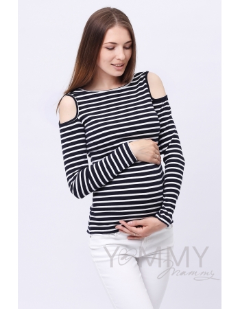 Лонгслив с вырезами на плечах для кормящих и беременных, синий в белую полоску