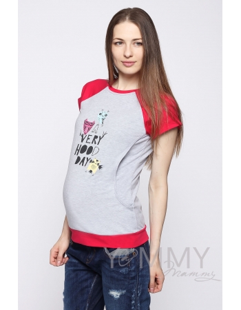 Футболка для кормящих и беременных, серый меланж/фуксия с принтом