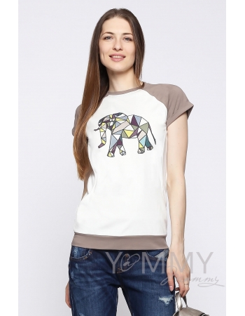 Футболка для беременных и кормящих, экрю/темно-бежевая с принтом