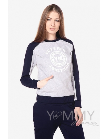 Толстовка для кормящих и беременных с принтом серый меланж, цвет темно-синий