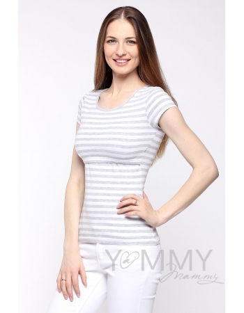 Футболка для беременных и кормящих, белая в серую полоску меланж