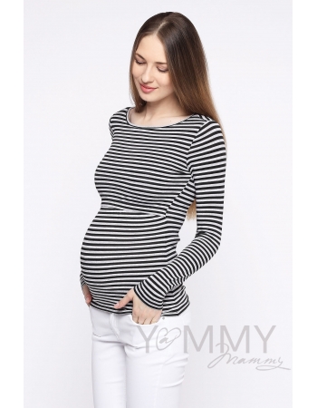 Лонгслив для кормящих и беременных, черный в серую полоску