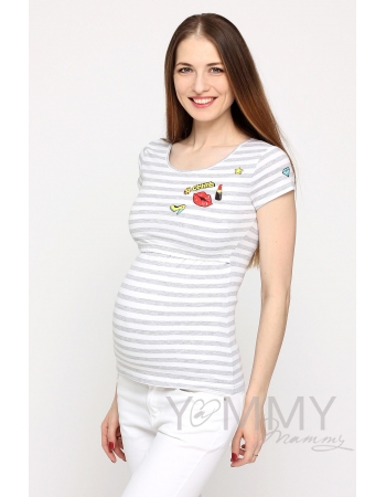 Футболка с принтом для кормящих и беременных, в серую полоску меланж