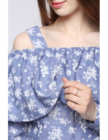 Блуза для беременных и кормящих с воланом, голубая с цветочным принтом